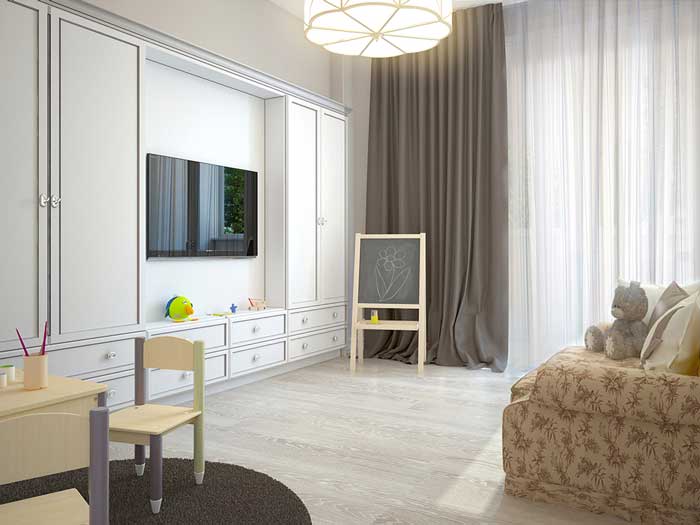 Интерьер детской комнаты с плотными шторами на полу светлый паркет Интерьер детской комнаты с плотными шторами на полу светлый паркет