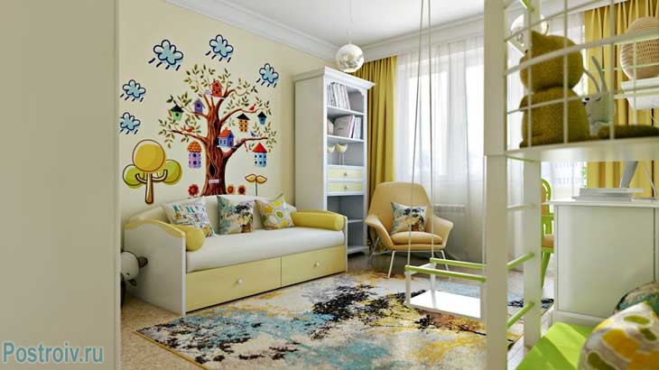 Рисунок дерева на стене в детской. Фото