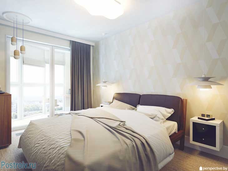 Бежевые стены и коричневые шторы в спальне. Фото