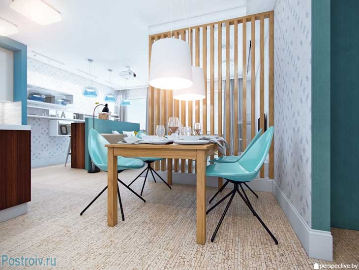 Оригинальная перегородка для разделения кухни и гостиной. Фото