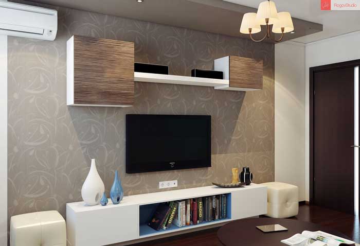 Подвесные шкафы в зале и телевизор на стене Подвесные шкафы в зале и телевизор на стене