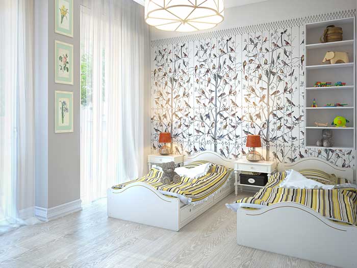 Детская комната для двух мальчиков. На стенах бумажные обои Детская комната для двух мальчиков. На стенах бумажные обои