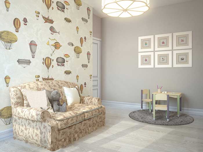 Игровая комната для двух мальчиков. Комбинированные обои, на полу светлый паркет Игровая комната для двух мальчиков. Комбинированные обои, на полу светлый паркет