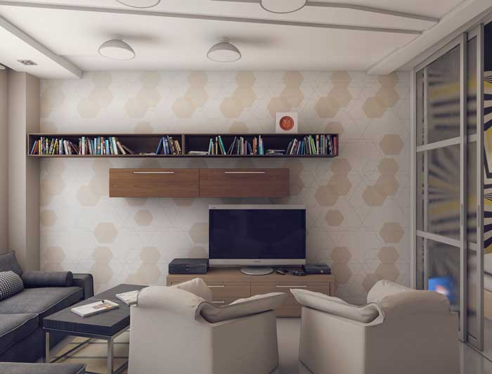 Гостиная после ремонта с комбинированными обоями минимализм