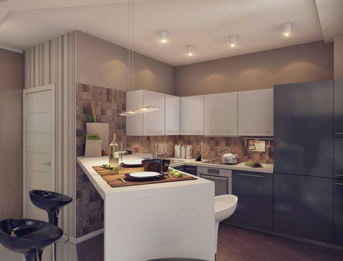 Кухня с барной стойком столом и барными стульями