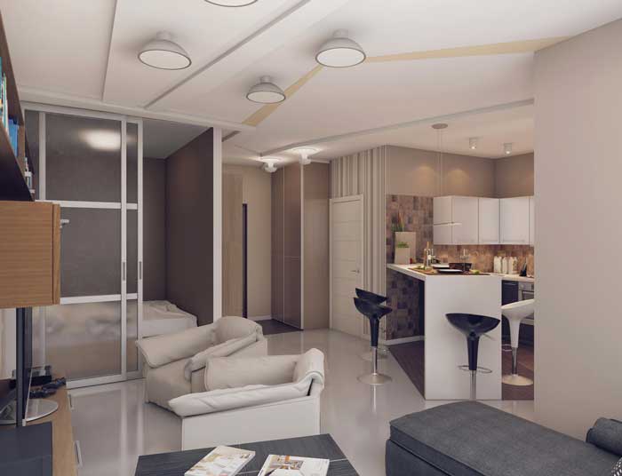 Зонирование комнат перегородками в дизайне квартиры студии