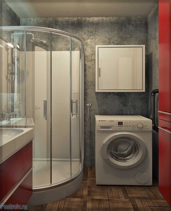 Дизайн ванной с душевой кабиной. Стены серые, фасады шкафов красные - Фото Дизайн ванной с душевой кабиной. Стены серые, фасады шкафов красные - Фото