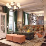 Гостиная в английском стиле. Зеленые шторы и белый буфет. Фото