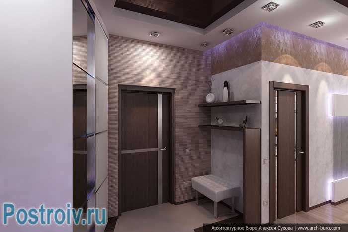 Двухуровневый потолок в дизайне коридора. Фото