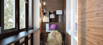 Дизайн балкона кабинета в экостиле. Отделка балкона деревом.