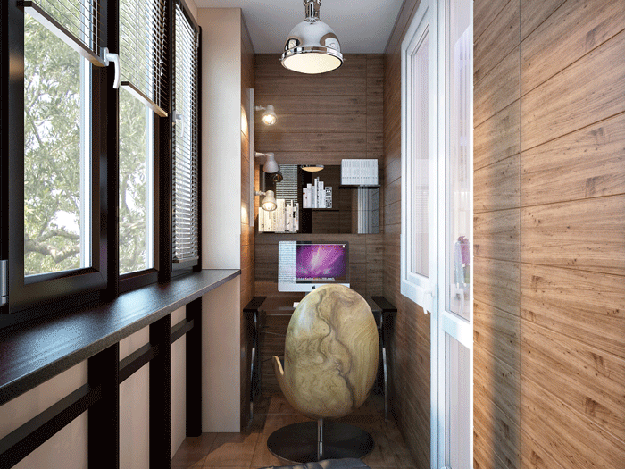 Дизайн балкона кабинета в экостиле. Отделка балкона деревом.