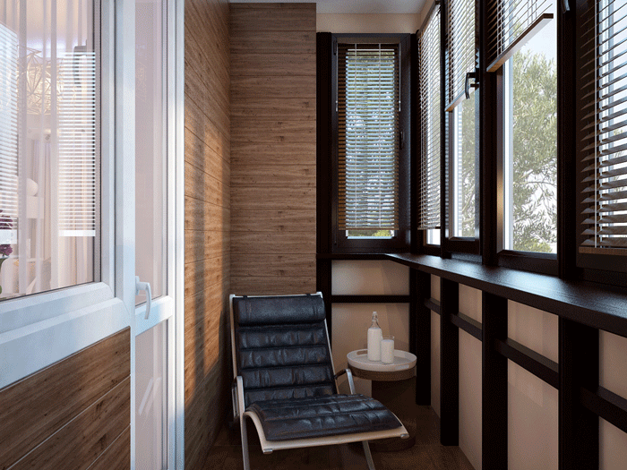 Внутренняя отделка балкона в экостиле. Пластиковые окна на балконе