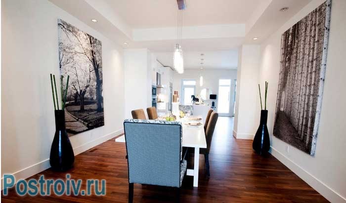 Столовая с белыми стенами. Дизайн проект 