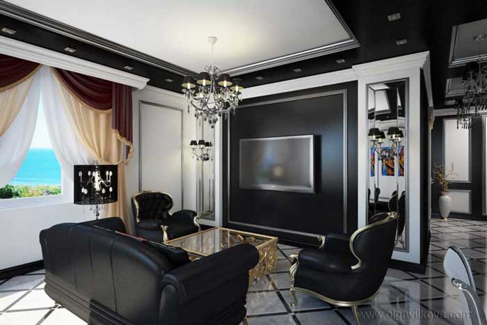 Черная мебель в интерьере гостиной кухни. Картины для интерьера Черная мебель в интерьере гостиной кухни. Картины для интерьера