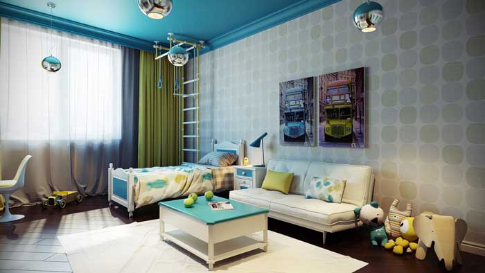 Интерьер детской для мальчика с матовым голубым натяжным потолком Интерьер детской для мальчика с матовым голубым натяжным потолком