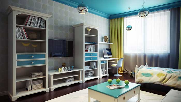 Детская комната для мальчика. На стенах флизелиновые обои, на полу темный паркет