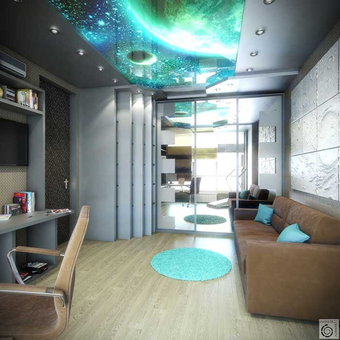 Детская комната для подростка мальчика или девочки в серых тонах со встроенным шкафом купе и натяжным потолком Детская комната для подростка мальчика или девочки в серых тонах со встроенным шкафом купе и натяжным потолком
