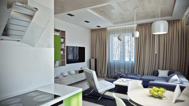 Оформление окна бежевыми шторами в современном дизайне однокомнатной квартиры Оформление окна бежевыми шторами в современном дизайне однокомнатной квартиры