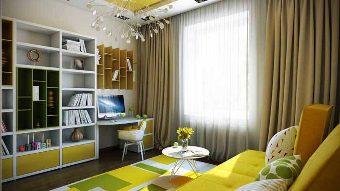 Комната для подростка 16, 17 лет с корпусной мебелью и желтым диваном Комната для подростка 16, 17 лет с корпусной мебелью и желтым диваном
