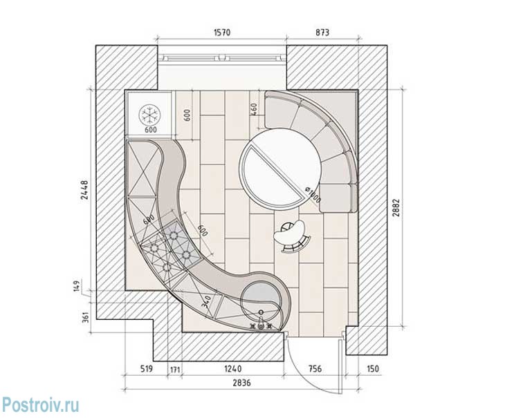Нестандартная планировка кухни 9 кв. м. Фото