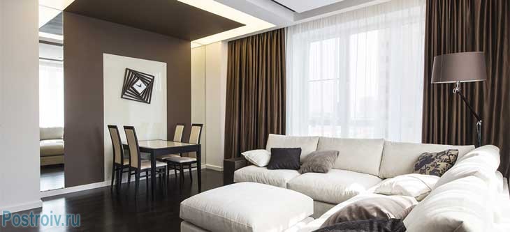 Гостиная-столовая в шоколадном цвете. Фото Гостиная-столовая в шоколадном цвете. Фото
