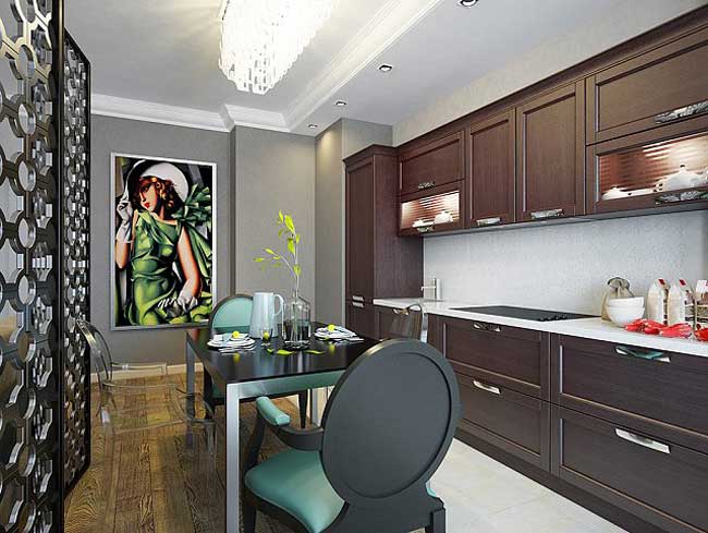 Кухня гостиная разделена декоративной ширмой. Паркет и плитка на кухне Кухня гостиная разделена декоративной ширмой. Паркет и плитка на кухне