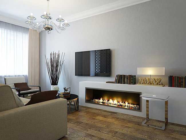 Дизайн гостиной с декоративным камином. Стены серого цвета Дизайн гостиной с декоративным камином. Стены серого цвета