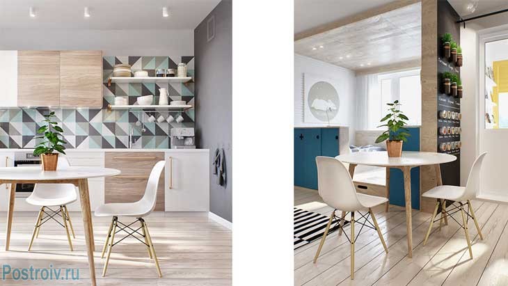 Зона кухни и столовой. Скандинавский стиль в интерьере студии