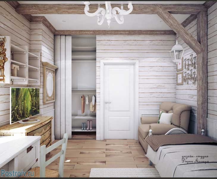 Светлая детская комната во французском стиле. Обои под бревна. Фото Светлая детская комната во французском стиле. Обои под бревна. Фото