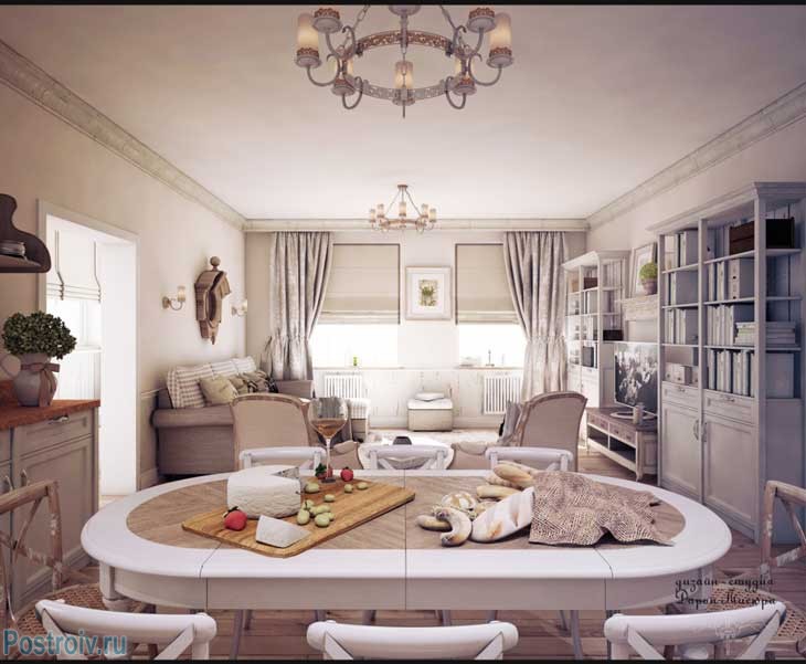 Дизайн интерьера кухни-гостиной в стиле прованс. Однотонный мебель шторы и декор. Фото Дизайн интерьера кухни-гостиной в стиле прованс. Однотонный мебель шторы и декор. Фото