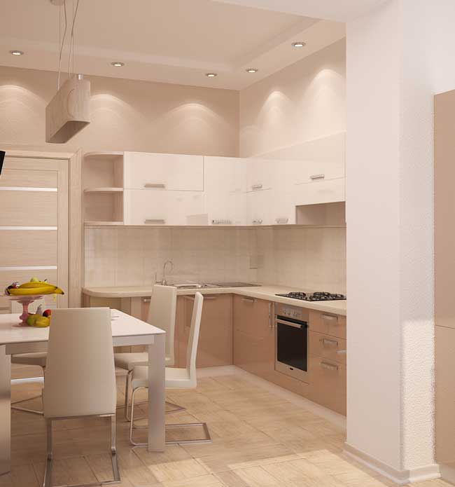 Дизайн кухонного гарнитура в маленькой бежевой кухне Дизайн кухонного гарнитура в маленькой бежевой кухне
