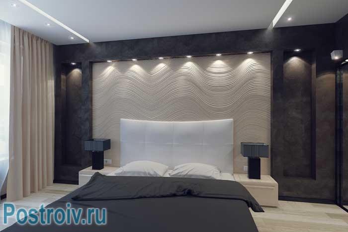 Ниша из гипсокартона в спальне. Спальня черно-белого цвета. Фото 10