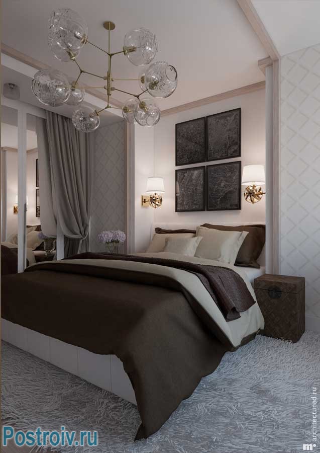 Декорирование спальни модульной картиной и настенными светильниками. Фото 14