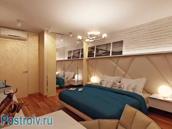 Дизайн светлой спальни. Изголовье кровати во всю стену. Фото 3