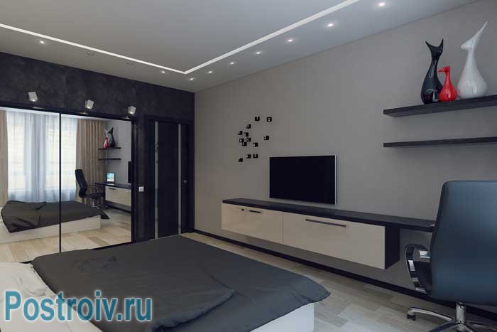 Телевизор в спальне 18 кв. м. Спальня-гостиная. Фото 11