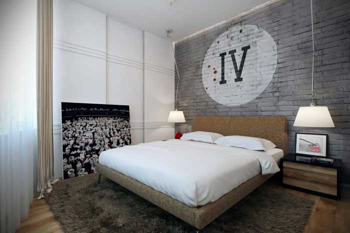 Дизайн маленькой спальни серого цвета со встроенным шкафом купе