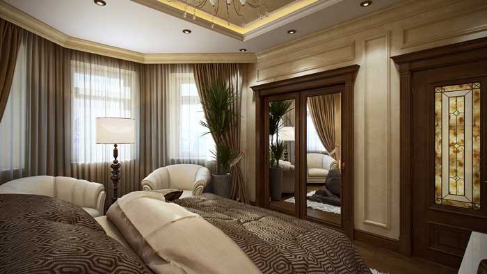 Дизайн спальни в классическом стиле со встроенным шкафом с зеркальными створками Дизайн спальни в классическом стиле со встроенным шкафом с зеркальными створками