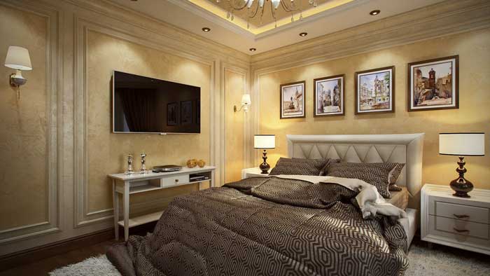 Классический дизайн спальни. Отделка стен виниловыми обоями Классический дизайн спальни. Отделка стен виниловыми обоями