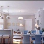 Дизайн интерьера гостиной совмещенной с кухней и столовой. Светлые цвета - Фото