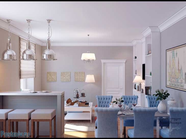 Дизайн интерьера гостиной совмещенной с кухней и столовой. Светлые цвета - Фото