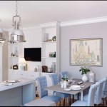 Столовая зона с большим столом и 6 стульями с мягкой обивкой голубого цвета - Фото