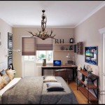 Интерьер кабинета с большой кроватью. Дизайнерская люстра из рогов - Фото