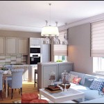 Римские шторы на окнах. Дизайн совмещенной кухни гостиной и столовой - Фото