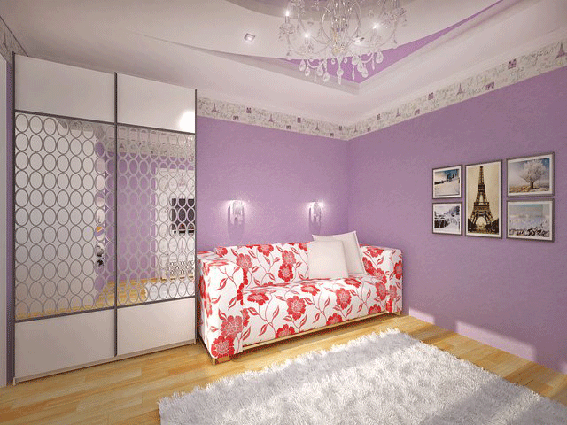 Декор детской комнаты. Зеркальный шкаф купе. Сиреневые стены Декор детской комнаты. Зеркальный шкаф купе. Сиреневые стены