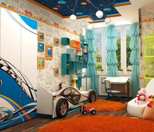 Интерьер светлой детской. Кровать машина Интерьер светлой детской. Кровать машина