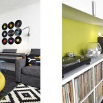 Декорирование гостиной виниловыми пластинками. Фисташкой свет акцента - Фото