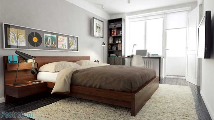 Дизайн отдельной спальни с большой кроватью. С рабочим столом у окна - Фото