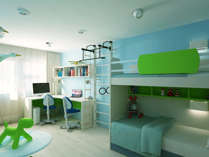 Двухъярусная кровать в детской для мальчиков. Спортивный уголок и игровой компьютер Двухъярусная кровать в детской для мальчиков. Спортивный уголок и игровой компьютер