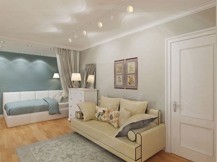 Дизайн интерьера гостиной, совмещенной со спальней. Точечные светильники Дизайн интерьера гостиной, совмещенной со спальней. Точечные светильники