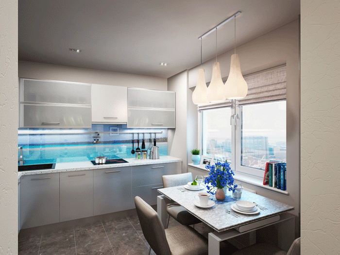 Стеклянный кухонный фартук голубого цвета. Зонирование подсветкой Стеклянный кухонный фартук голубого цвета. Зонирование подсветкой